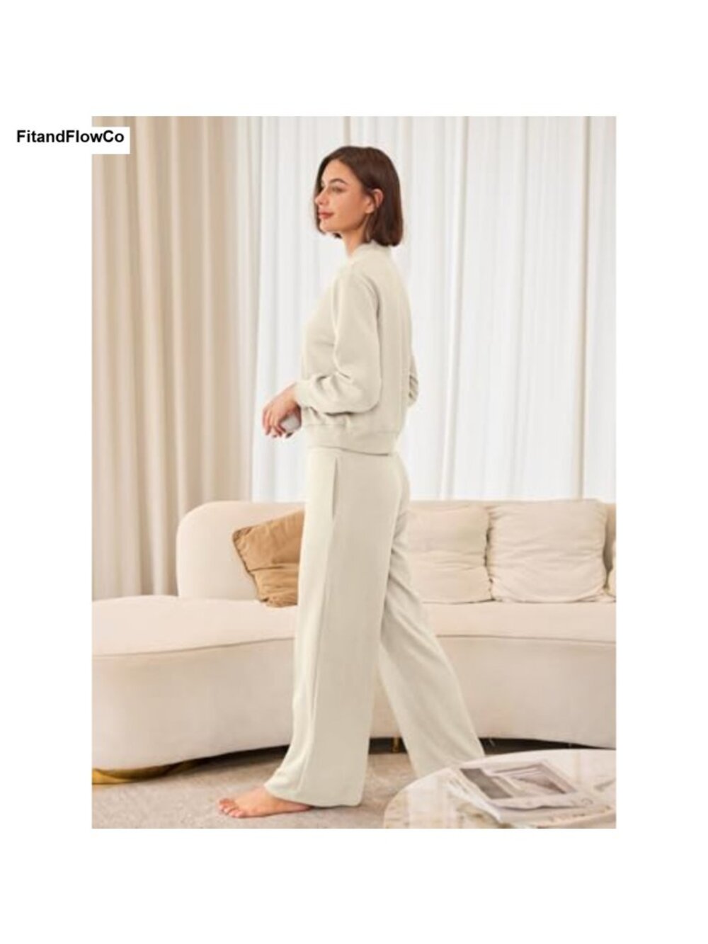 Womens 2 Piece Sweatsuit Half Zip Pullover Wide Leg Pants Lounge Set - Picture 3 of 5